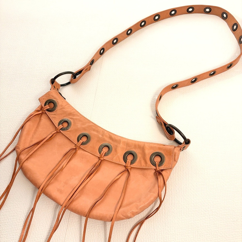 VTG Mussio DeGroot Coral Leather Fringe Hobo Bag Brass Grommet Boho Shoulder Bag
